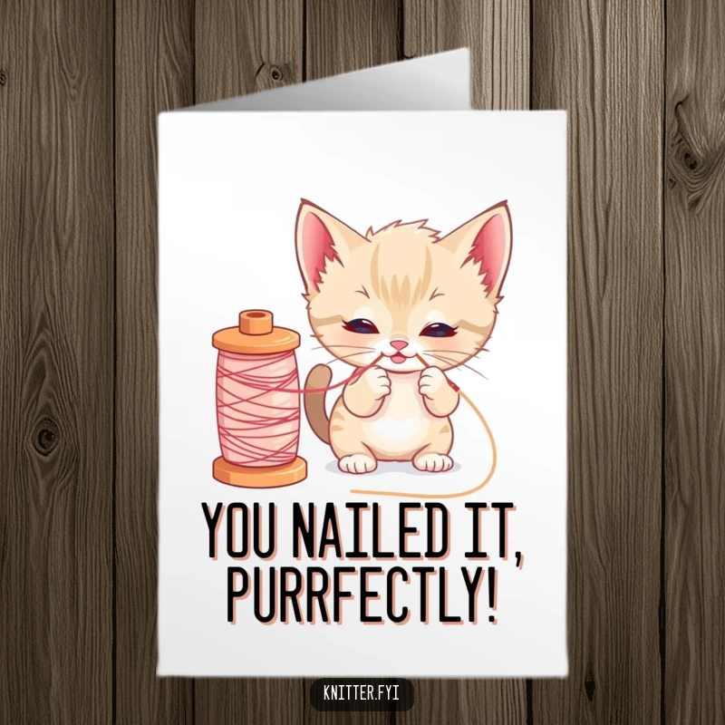 Funny Free Printable Congratulations Card: Playful kitten gets into a tangle with a loose thread, a delightful mess.