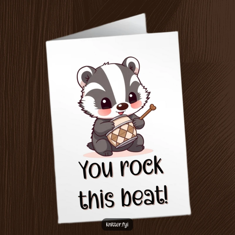 Funny Free Printable Congratulations Card: A mischievous badger finds joy in drumming on a small thimble, making music.