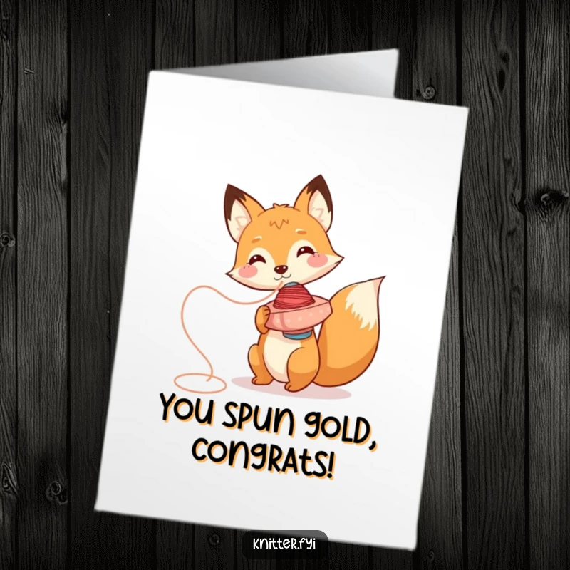 Funny Free Printable Fox Congratulations Card, character using thread spool as spinning top, playful and celebratory, perfect for whirling success.