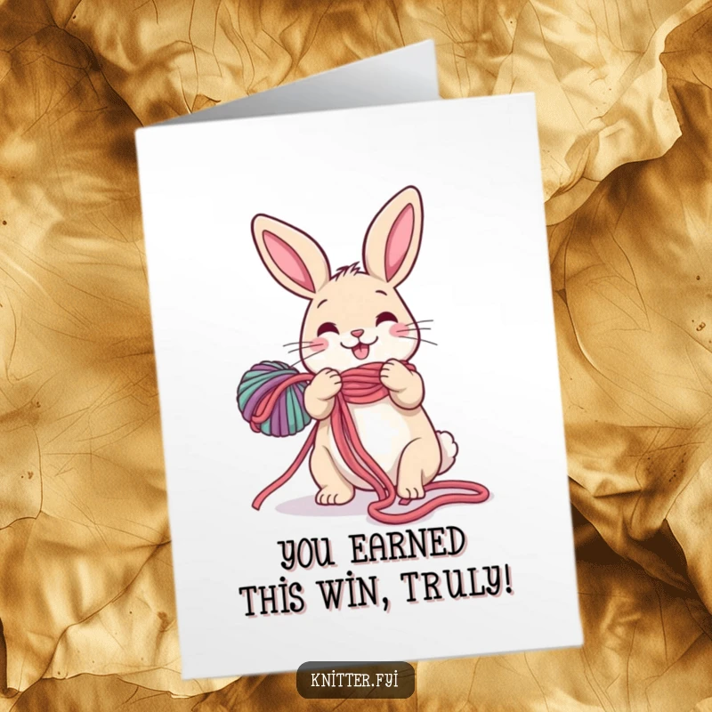 Funny Free Printable Congratulations Card: Rabbit hilariously tangled in knitting yarn, celebrating an achievement.