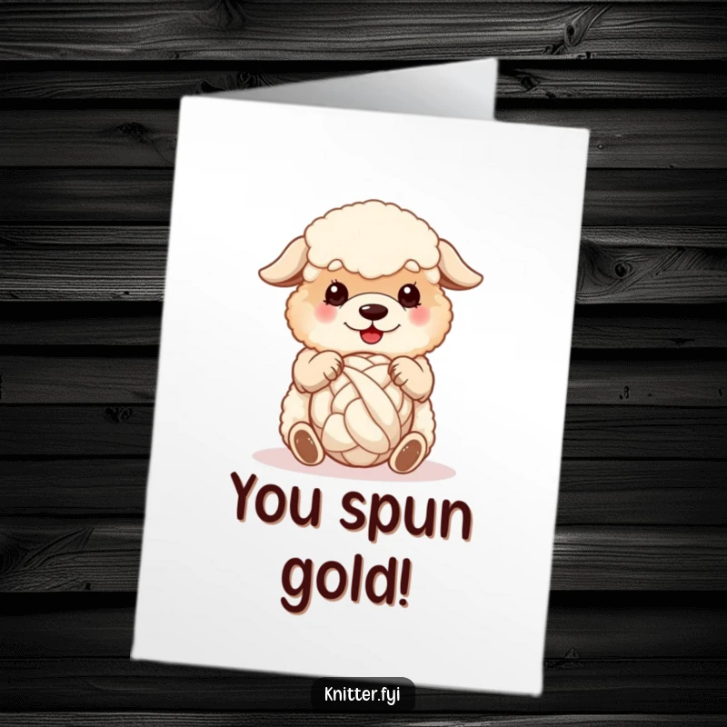 Funny free printable congratulations card of a fluffy sheepdog happily spinning a ball of wool with its paws.