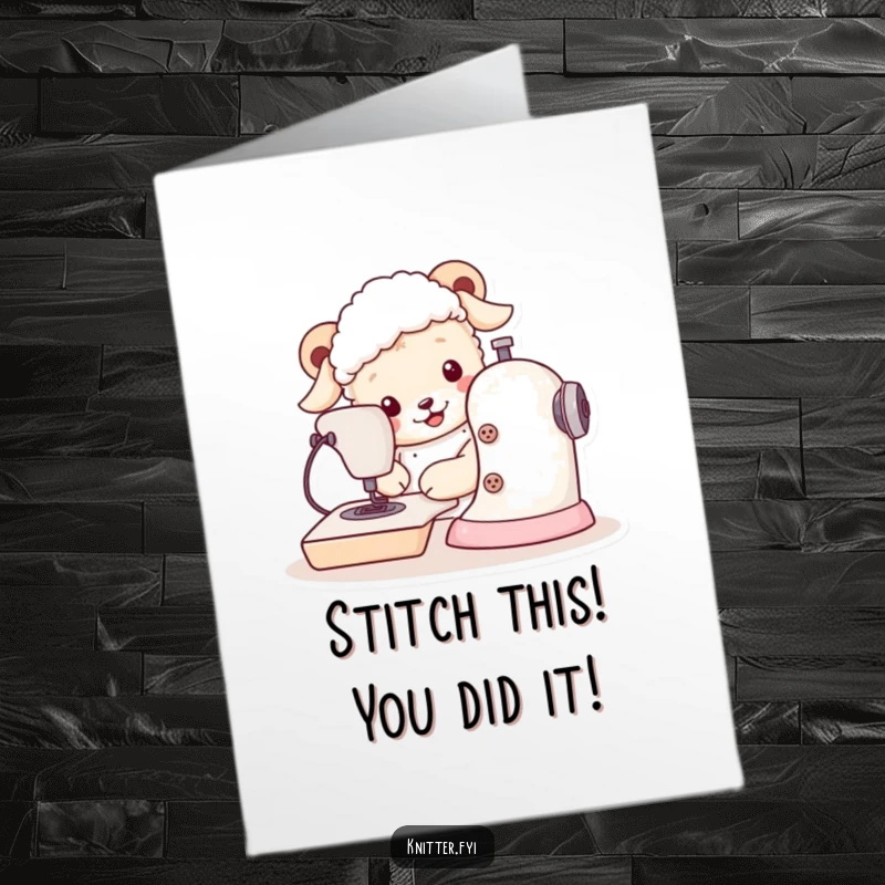 Free printable congratulations card, funny sheepdog character sewing a congratulatory message, great for DIY gifts.