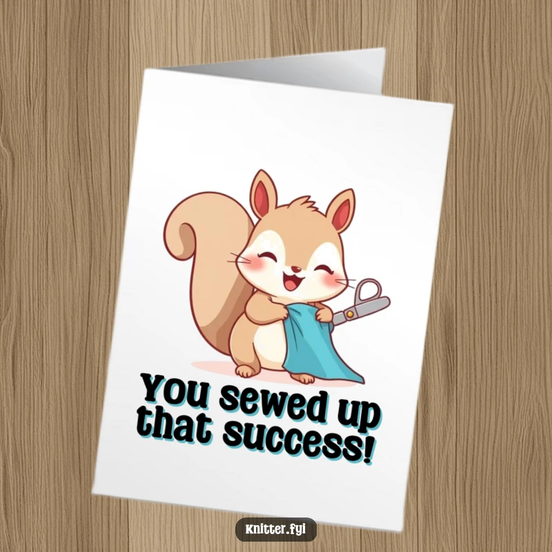 Funny Free Printable Squirrel Congratulations Card, character cutting fabric with scissors, excited and celebratory, perfect for crafty wins.