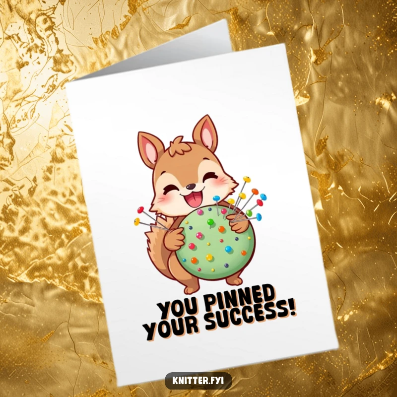 Funny Free Printable Squirrel Congratulations Card: A joyful squirrel clutches a pincushion overflowing with colorful pins, representing well-deserved success and celebration.