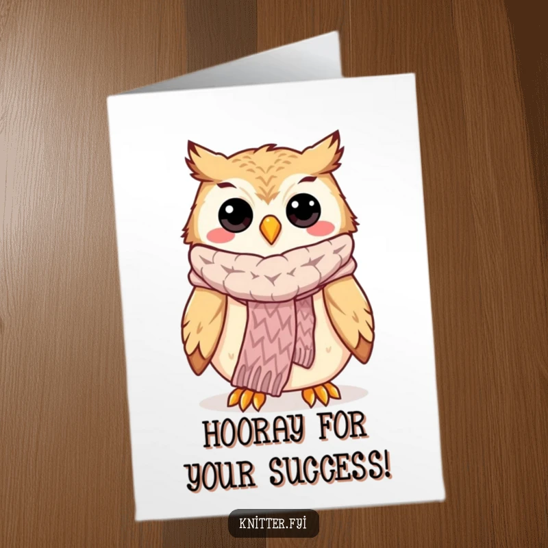 Funny Free Printable Congratulations Card: A happy owl shows off a perfectly knitted, colorful scarf with pride.