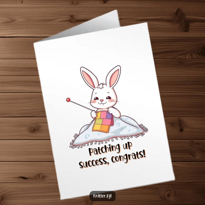 Funny Free Printable Congratulations Card: Rabbit humorously sews a patch, a delightful DIY gift for any achievement.