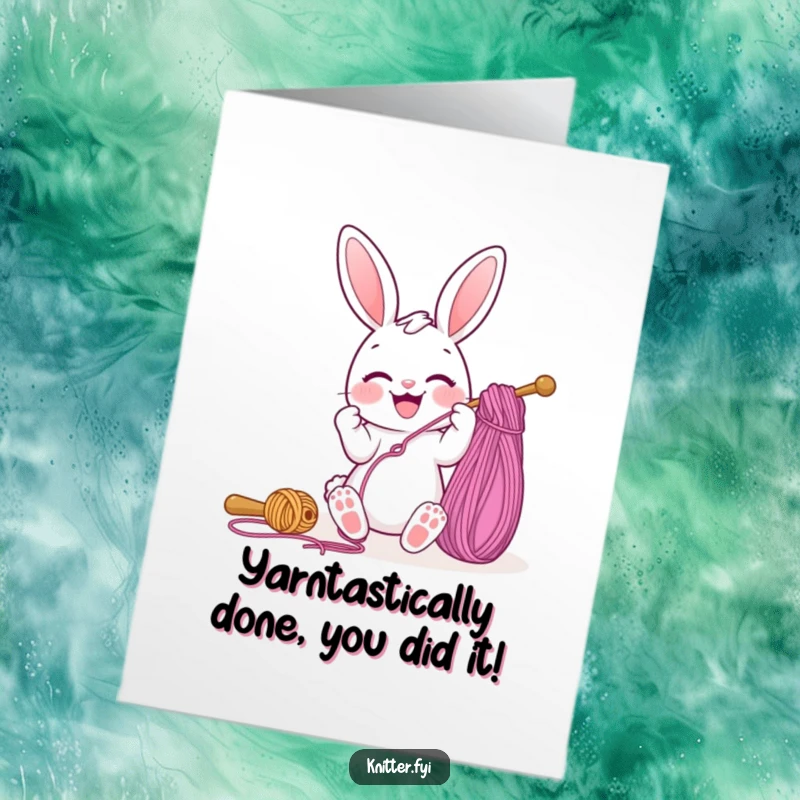 Funny Free Printable Bunny Congratulations Card: A happy bunny successfully threads a giant needle with yarn, celebrating an achievement.