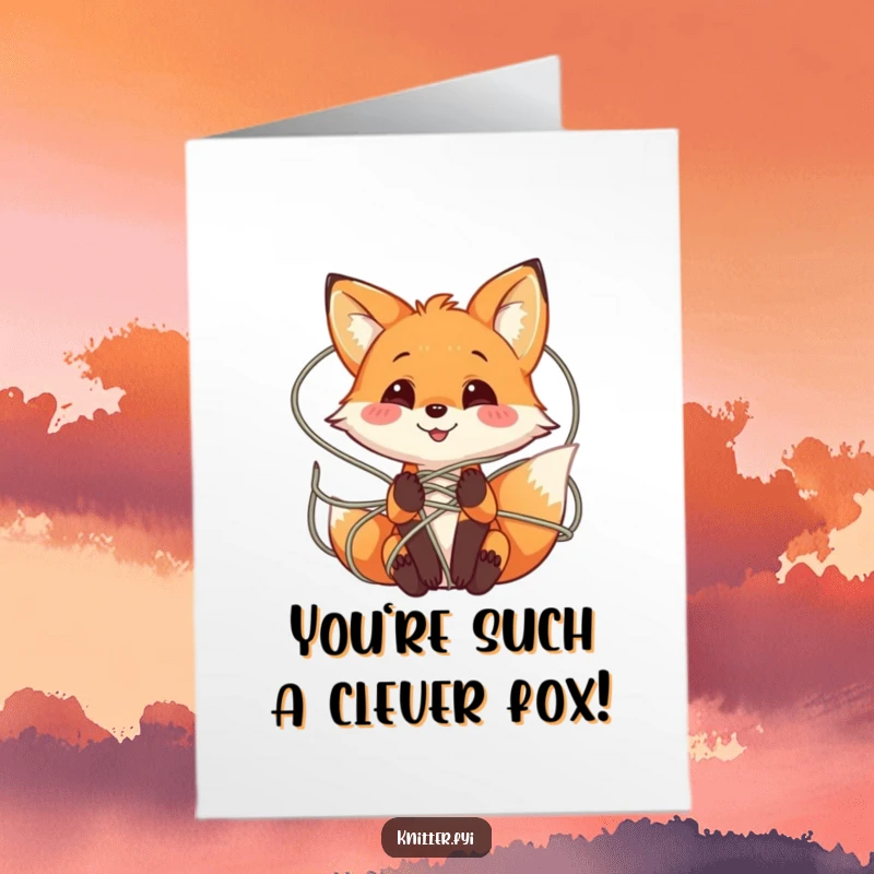 Funny Free Printable Congratulations Card: A smiling, playful fox character completely tangled in a web of colorful yarn, celebrating an achievement.