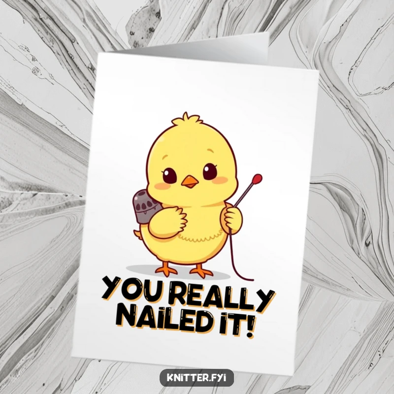 Funny free printable congratulations card of a bright yellow chick wearing a tiny thimble, eagerly pushing a needle.
