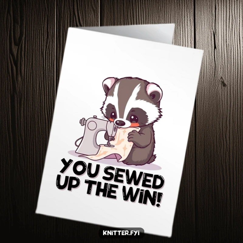 Humorous free printable congratulations card: an earnest badger intently examining a challenging sewing pattern, plotting its next stitch.