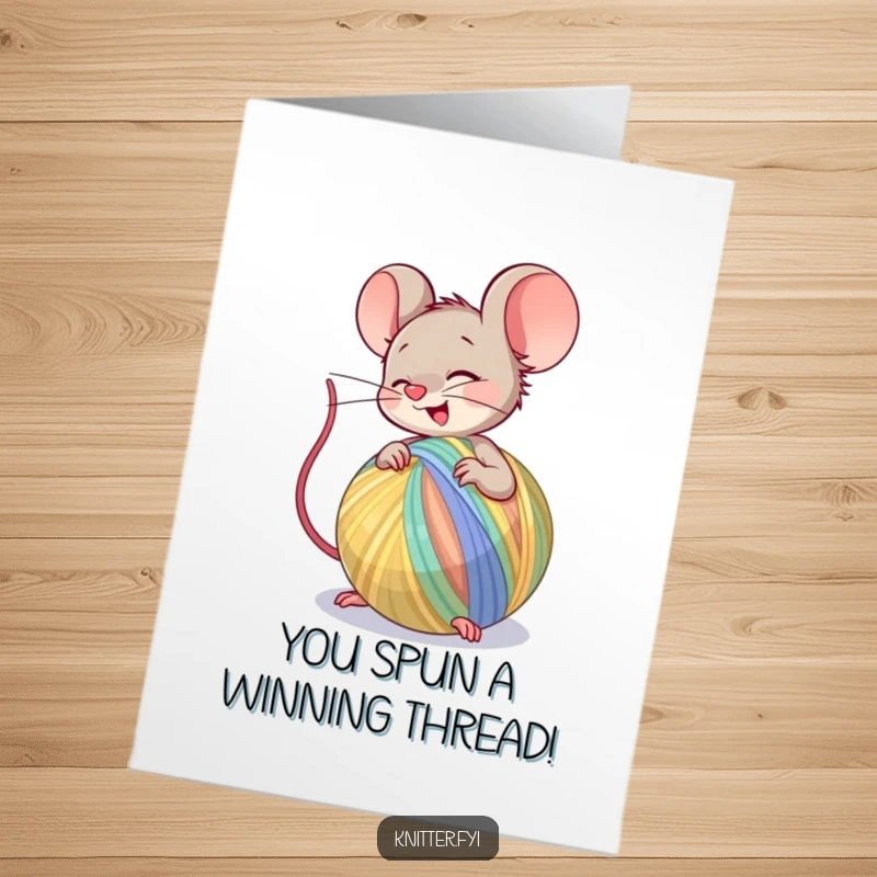 Funny free printable congratulations card featuring a mouse character giggling while spinning a large ball of colorful yarn.