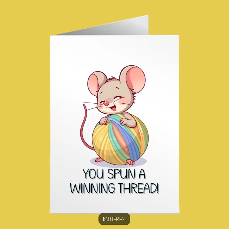 Free Printable Congrats Card: Mouse Spins Success with Colorful Yarn!