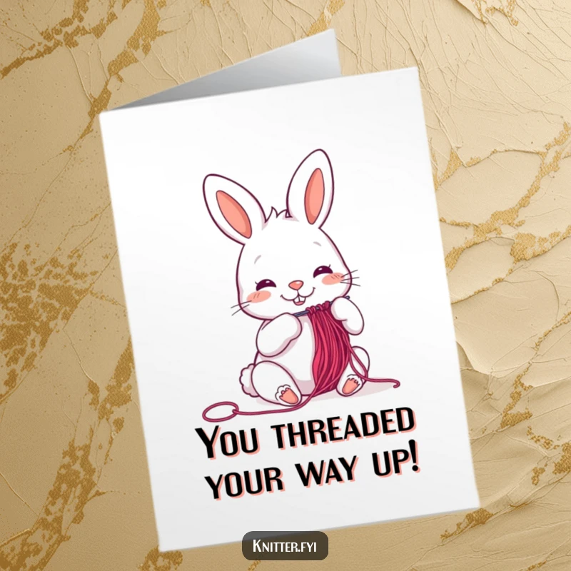Funny Free Printable Congratulations Card featuring a cheerful rabbit painstakingly threading a needle with colorful thread, symbolizing precision and accomplishment.