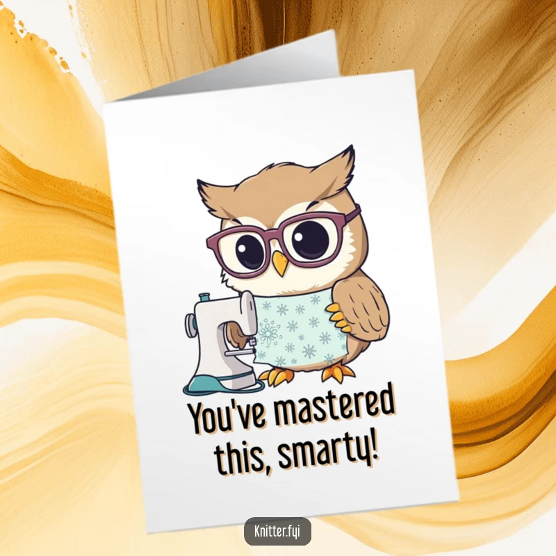Funny Free Printable Owl Congratulations Card: A curious owl with large spectacles intently studies a complicated sewing pattern.