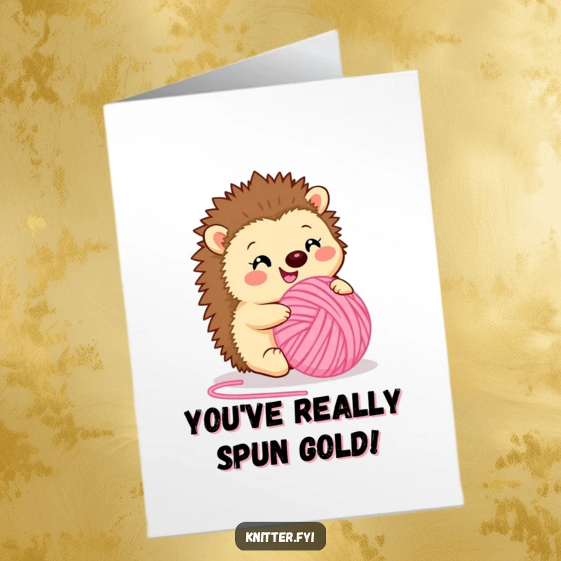 Cute free printable congratulations card: a delighted hedgehog happily engrossed in rolling a big ball of fuzzy pink yarn, celebrating success.