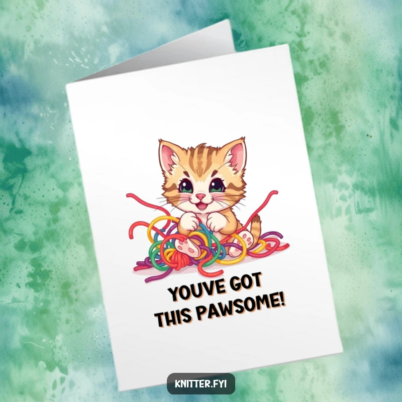 Funny Free Printable Congratulations Card of a kitten pleased with being tangled in colorful yarn.