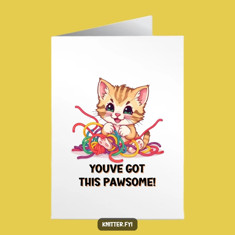 Free Printable Congrats Card: Yarn Kitten Triumph Funny Downloadable Gift