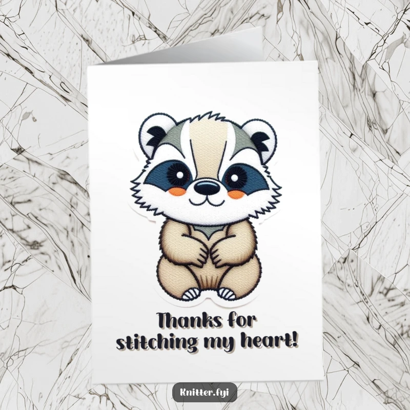 Funny Free Printable Badger Thank You Card: A determined badger focuses on embroidering a small, intricate design, symbolizing detailed thankfulness.
