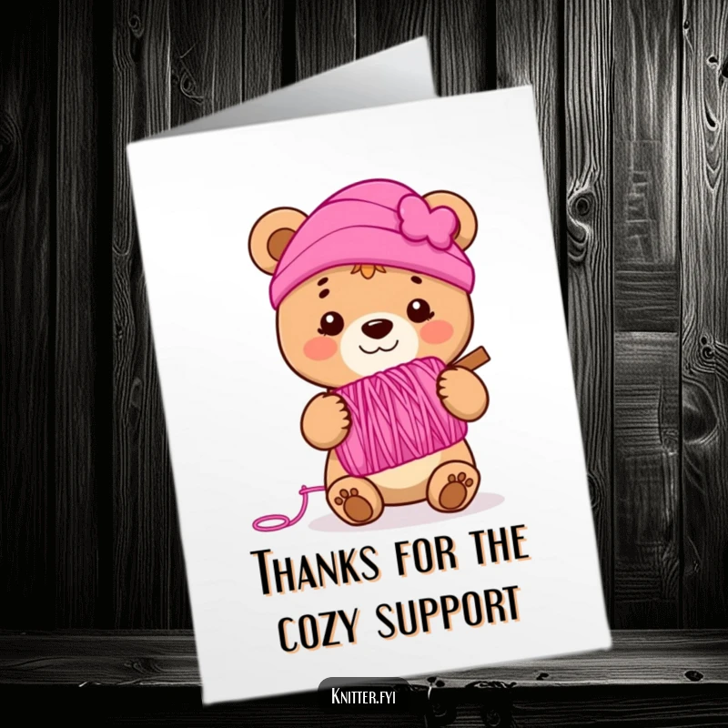Funny Free Printable Bear Thank You Card: A bear cub holding pink yarn expresses heartfelt thanks with a touch of sweetness.