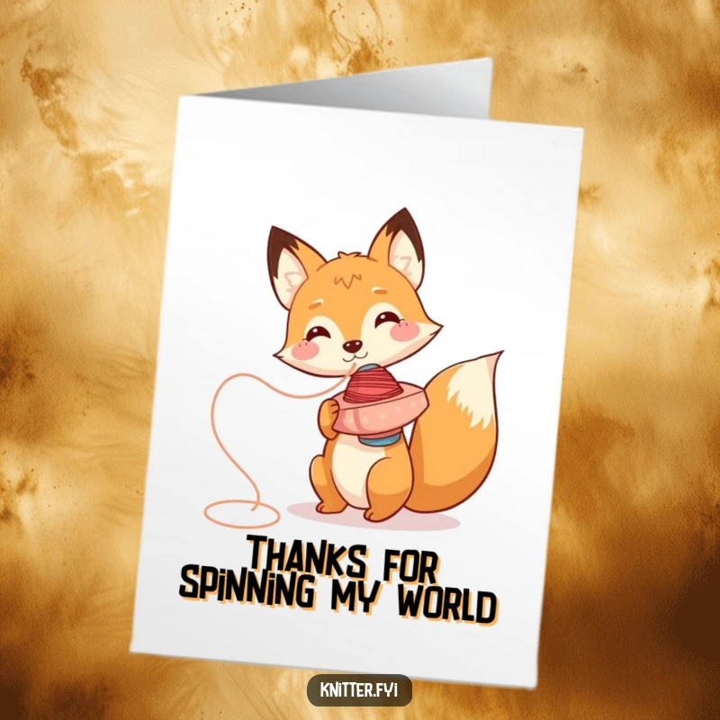 Funny Free Printable Fox Thank You Card, character using thread spool as spinning top, playful and thankful, perfect for playful gratitude.