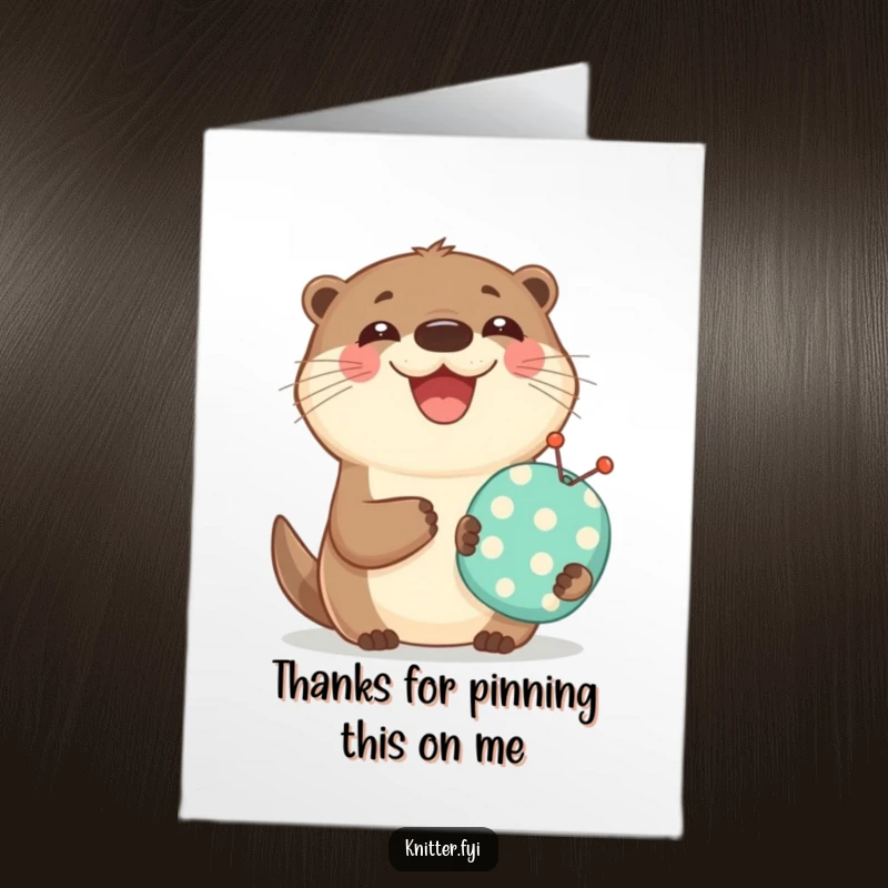 Funny Free Printable Otter Thank You Card: A broad-smiling otter holding a pincushion, conveying thanks with delightful enthusiasm.
