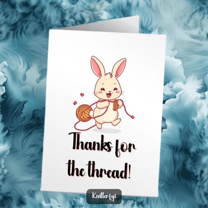 Funny free printable thank you card featuring a cheerful rabbit with yarn trailing, hopping playfully while knitting.