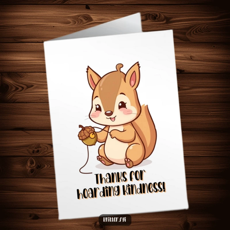 Funny Free Printable Thank You Card: Cheerful squirrel sewing an acorn cap, conveying gratitude.
