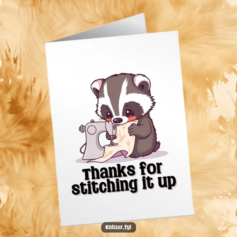 Clever free printable thank you card: a curious badger meticulously examining a complex sewing pattern, hinting at gratitude through craft.