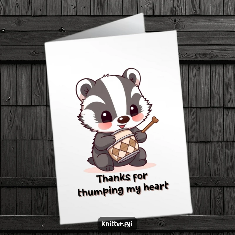 Funny Free Printable Thank You Card: Mischievous badger taps out a beat on a tiny thimble, a fun thank you.