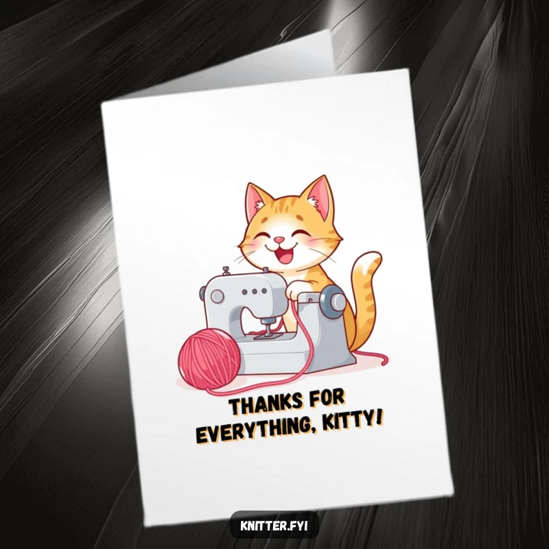 Funny Free Printable Thank You Card of a happy cat operating a sewing machine with vibrant yarn, expressing gratitude with a playful, crafty vibe.