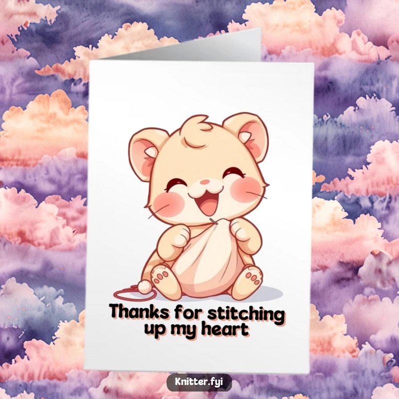 Funny Free Printable Thank You Card: Creature sewing with nimble paws, a thoughtful thank you gesture.