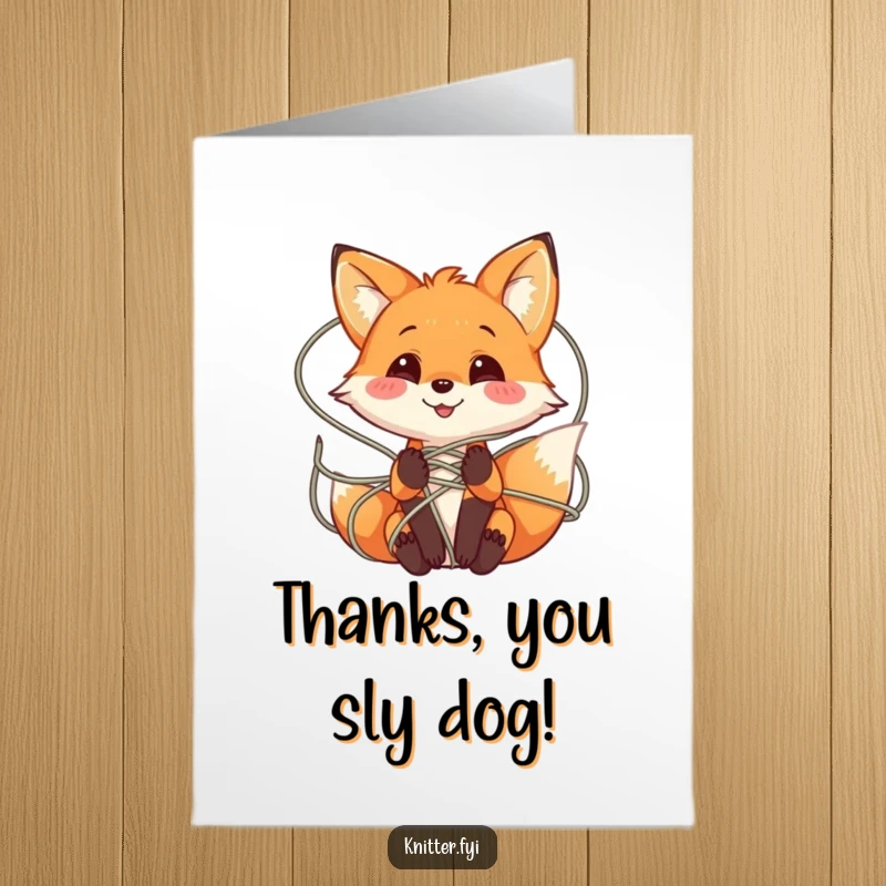 Funny Free Printable Thank You Card: A playful fox character smiling amidst a tangle of yarn, sending thanks in a unique way.