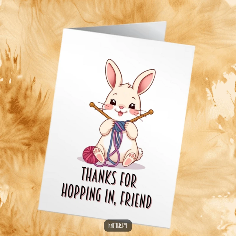 Funny Free Printable Thank You Card: A happy rabbit playfully winds yarn around oversized knitting needles, a DIY gift.