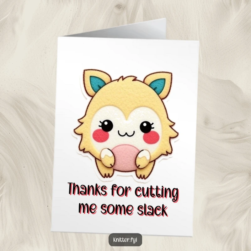 Funny Free Printable Thank You Card: Gleeful creature with rosy cheeks crafting with felt, a heartfelt DIY gift.