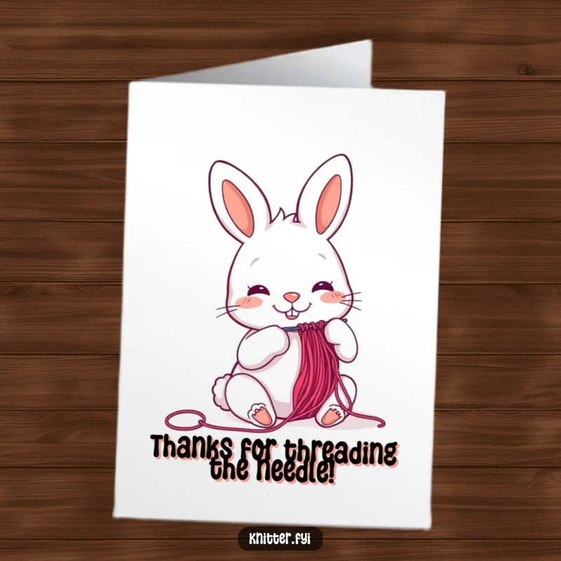 Funny Free Printable Thank You Card of a cheerful rabbit concentrating on threading a needle with colorful thread, offering a unique way to say thanks.