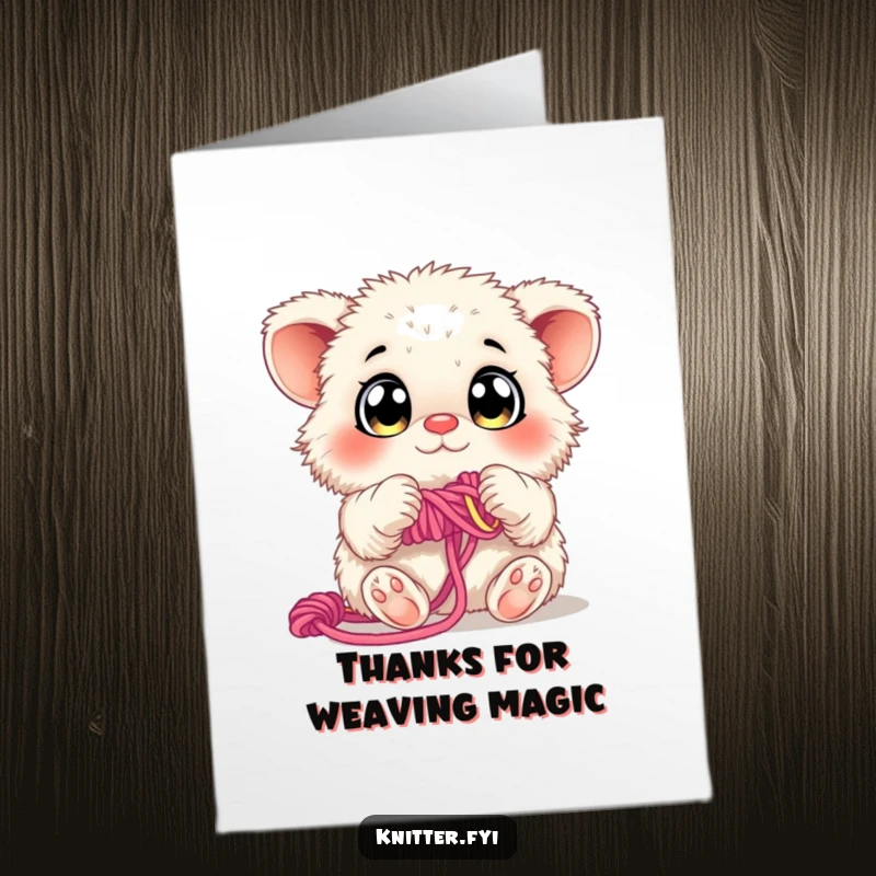 Funny Free Printable Thank You Card: A fluffy creature with curious eyes weaving colorful yarn, expressing heartfelt thanks.