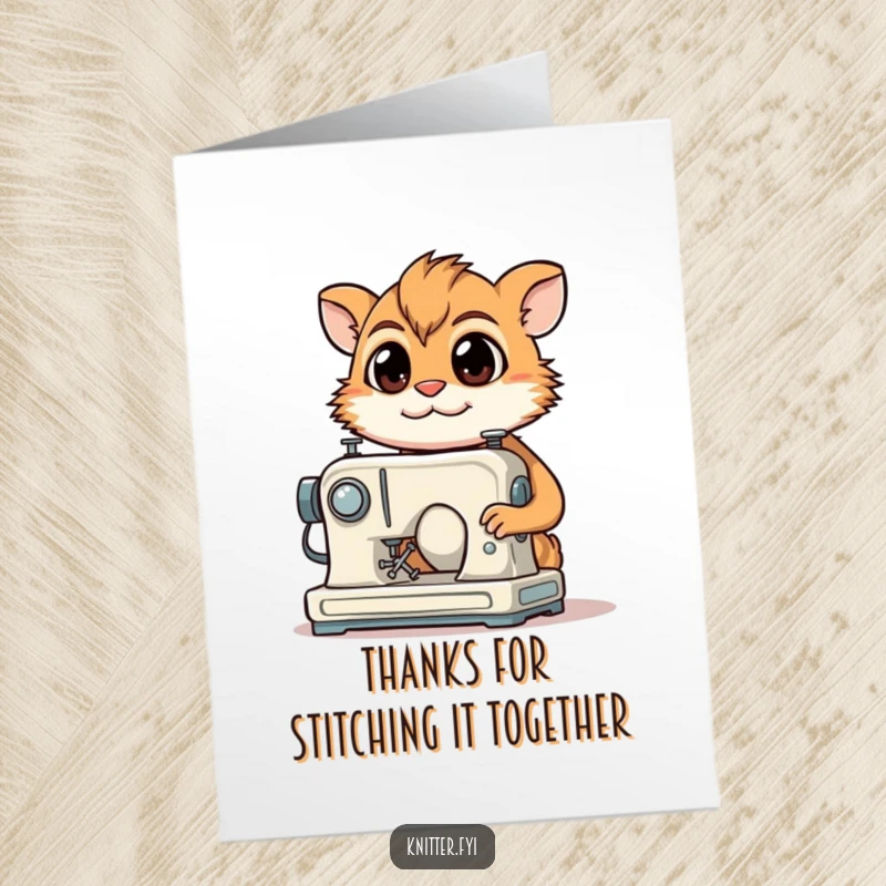 Funny Free Printable Thank You Card: A determined sewing creature smiling while operating a sewing machine, showing sincere thanks.