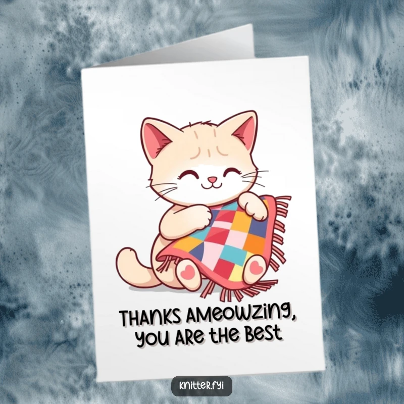 Funny Free Printable Thank You Card: Adorable cat busy sewing a miniature colorful quilt, a charming DIY gift idea.