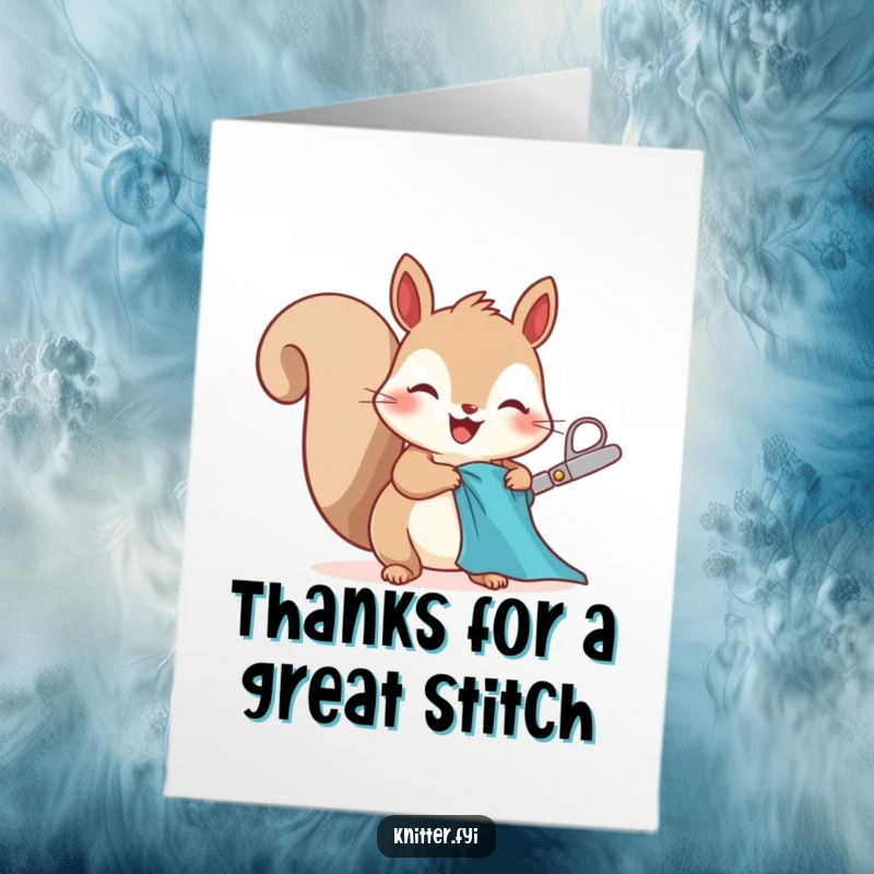 Funny Free Printable Squirrel Thank You Card, character cutting fabric with scissors, excited and thankful, perfect for crafty gratitude.