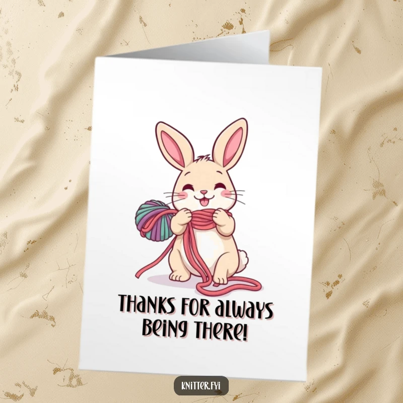 Funny Free Printable Thank You Card: A happy rabbit creating yarn chaos, expressing heartfelt thanks.