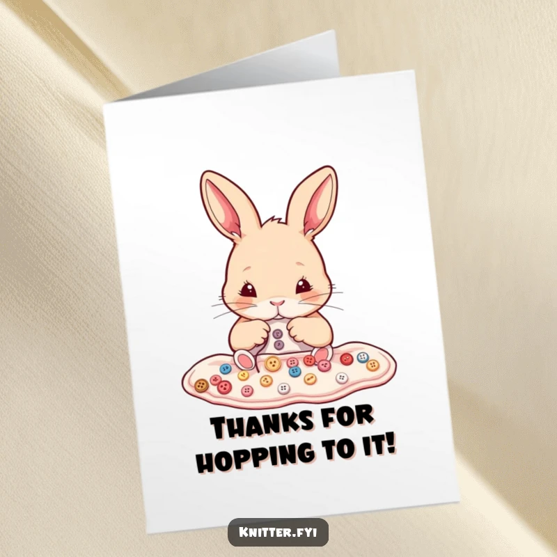 Funny Free Printable Thank You Card: A dedicated rabbit meticulously sewing small buttons onto fabric to say thank you.