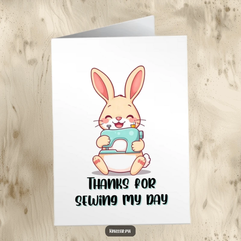 Funny Free Printable Thank You Card of a cheerful rabbit happily sewing a button onto something.