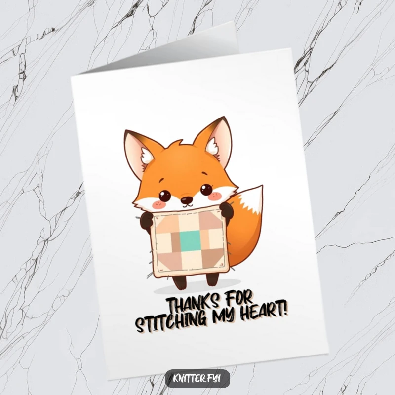 Funny Free Printable Thank You Card: A happy fox proudly showcases a perfectly stitched tiny quilt to express thanks.