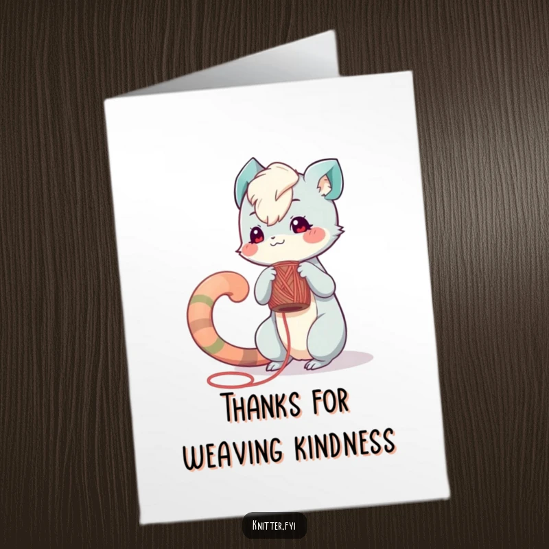 Free Printable Thank You Card: Playful creature with a long tail carefully winds yarn around a spool, expressing thanks.