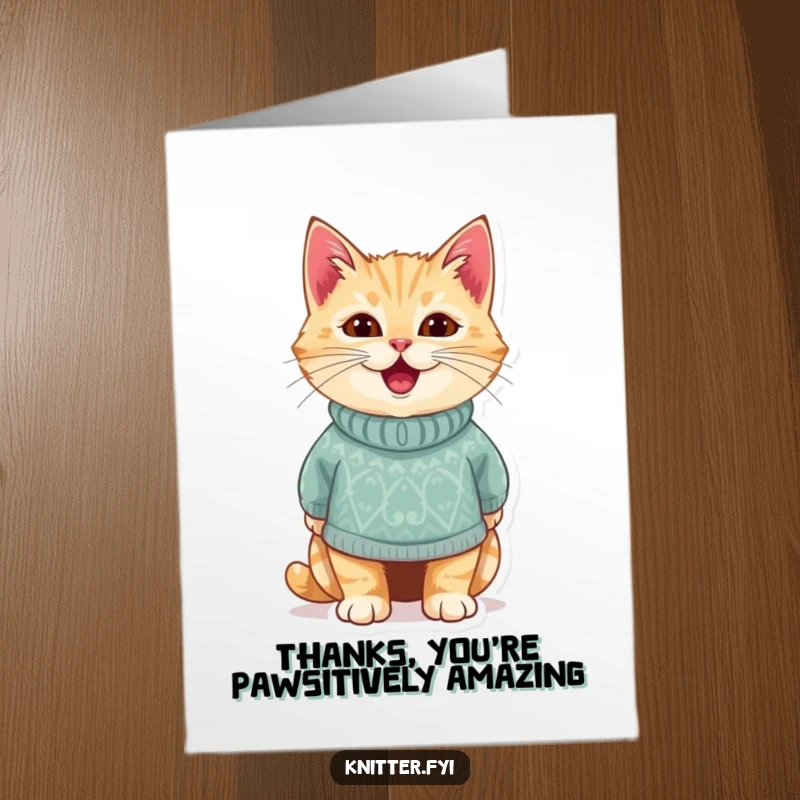 Sweet free printable thank you card: a content cat looking delighted and warm in a charmingly small, handmade knitted sweater.