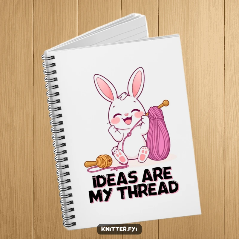 Funny notebook cover showing a happy bunny character threading a massive sewing needle with yarn, inspiring creativity for note-taking.