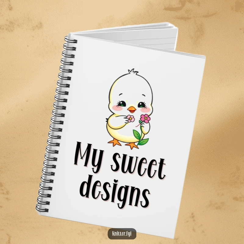 Funny Notebook featuring a sweet chick carefully embroidering a tiny, smiling flower, encouraging creativity and thoughtful planning.