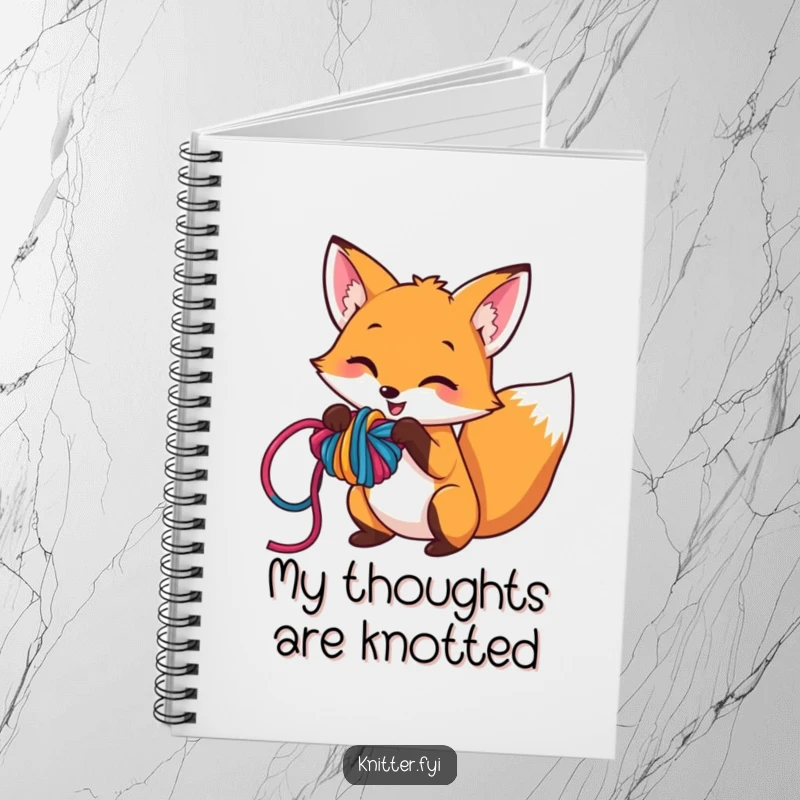 Funny notebook cover with a mischievous fox character getting tangled in colorful yarn, designed for creative minds and idea capture.