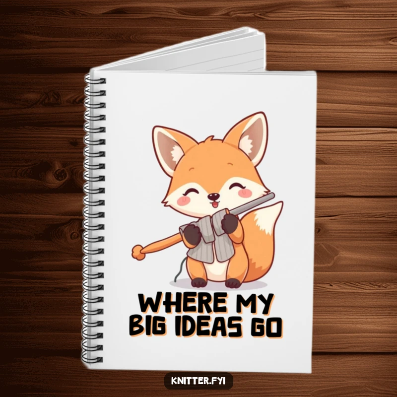 Funny fox notebook featuring a playful fox holding oversized knitting needles, inspiring large-scale knitting projects and ideas.