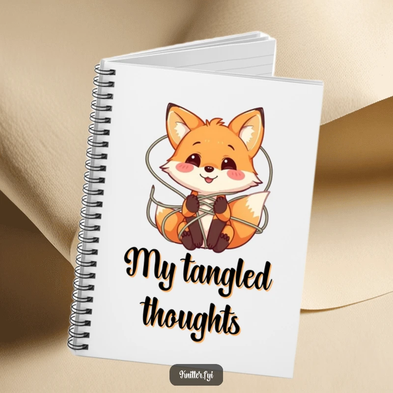 Funny Fox Yarn Notebook featuring a playful fox character smiling while tangled in a web of colorful yarn, perfect for journaling.